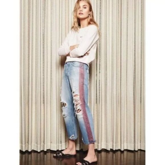 MOTHER Superior High Rise Striped Thrasher Jeans - Hanging By A Thread - Picture 1 of 9